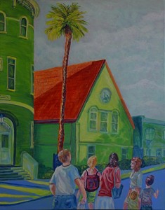 1st Baptist Church, St Augustine, Family Vacation, Acrylic, Size 24″w x 30″ h, RIGHT SIDE CORNER ART with Mom & Dad, $620.00, plus pack/ship/handle.