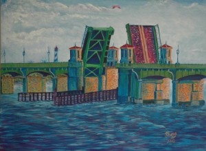 Lions Gate Bridge, Morning, St. Augustine, Acrylic, Size 30″w x 28″ h, $600.00, plus pack/ship/handle.