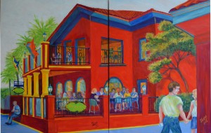 Meehans Pub, St Augustine Dyptich. Acrylic, Dyptich Size 48″w x 30″ h, shown on a flat surface–to be hung in a corner, $1,100.00,plus pack/ship/handle.