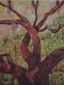 A Knot in A Live Oak, acrylic gel gives depth in depicting a tree on Antioch Lane, Lecanto, Fla, Size 16″w x 20″ h, $230.00, plua pack/ship/handle.