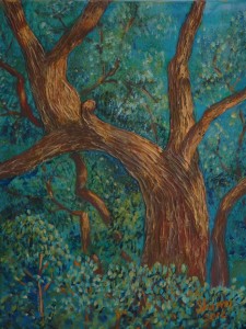 A Boot in A Live Oak, Acrylic gels give depth in depicting a tree on Castleland Dr, Lecanto, Fla , Size 16″w x 20″ h, $230.00, plus pack/ship/handle