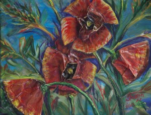 Poppies, A collage of acrylic skins and used coffee filters give depth to this subject, on Exhibit City Hall, Ocala, FL, Size 20″w x 16″ h, $230, plus pack/ship/handle