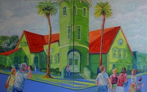 1st Baptist Church, St Augustine, Family Vacation, Acrylic, Size 24″w x 30″ h, RIGHT SIDE CORNER ART with Mom & Dad, $620.00, plus pack/ship/handle.