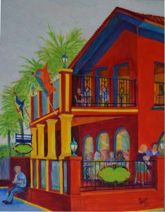 Lunch Time At Meehans Pub, St Augustine Acrylic, Size 24″w x 30″ h, LEFT SIDE CORNER ART with Want Lunch, $520.00, plus pack/ship/handle.