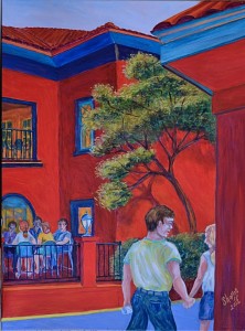 Want Lunch At Meehans, St Augustine. Acrylic, Size 24″w x 30″ h, RIGHT SIDE CORNER ART with Lunch Time, $620.00, plus pack/ship/handle.